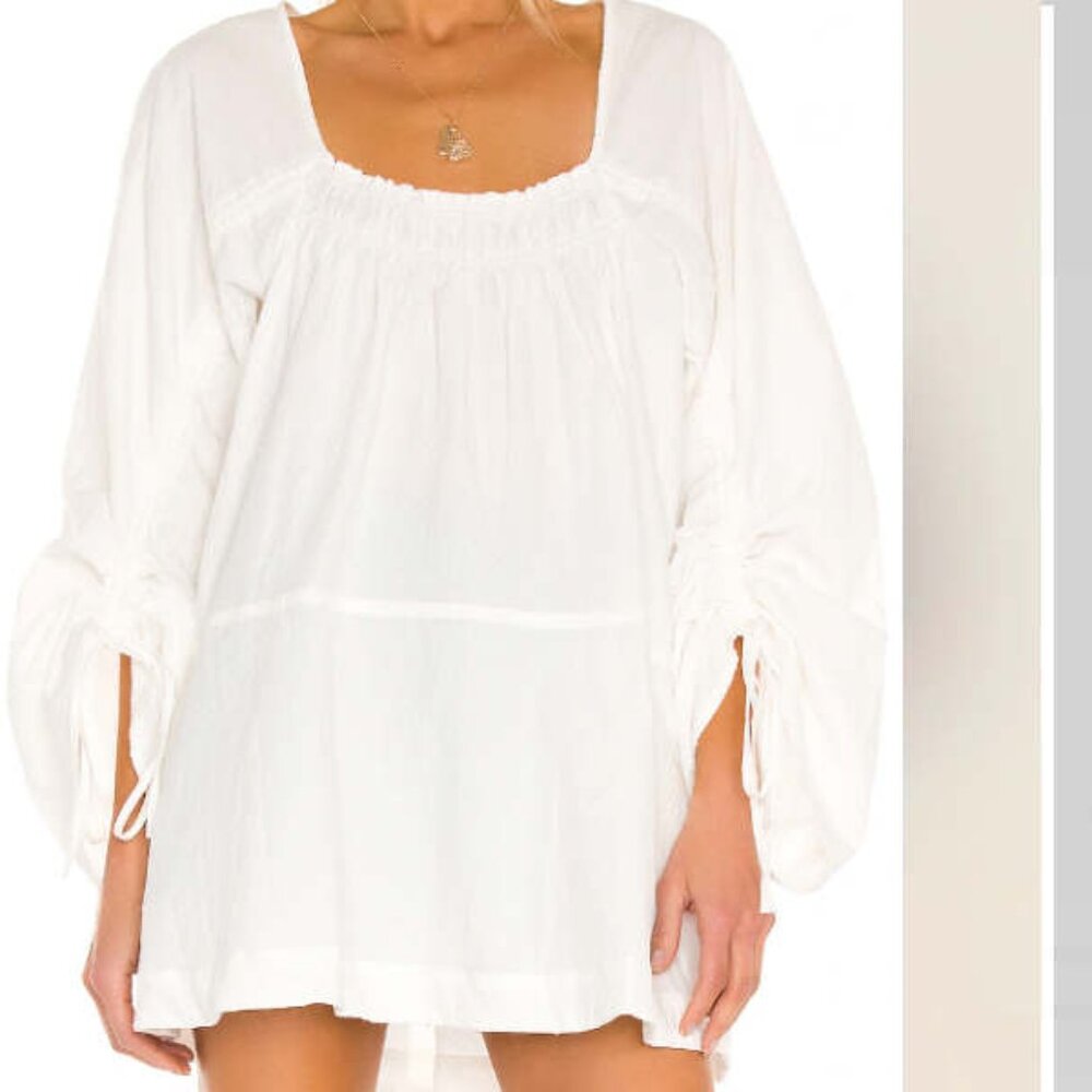 Free People White Smocked Neck Long Sleeve Tunic